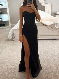 Robe Longue Moulante Fendue sur le Côté, Bustier à Fines Bretelles, Élégante et Sans Manches pour Soirée